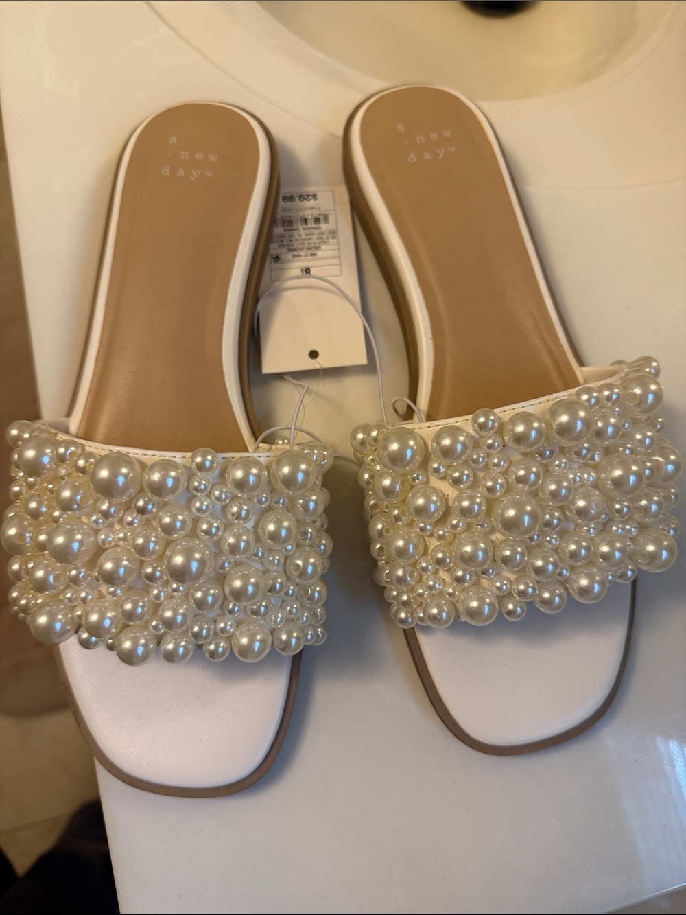 a new day White Pearl-Embellished Slide Sandals